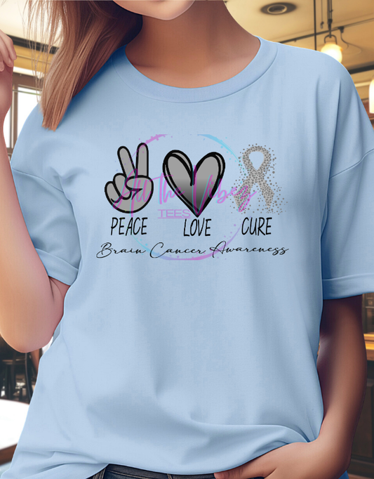Peace Love Cure Brain Cancer Shirt | Gray Ribbon Awareness Tee | Limited May Drop