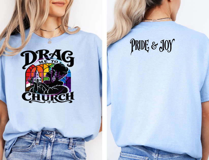 Drag Me To Church pride graphic tee featuring colorful church design
Pride and Joy back print on inclusive LGBTQ graphic shirt