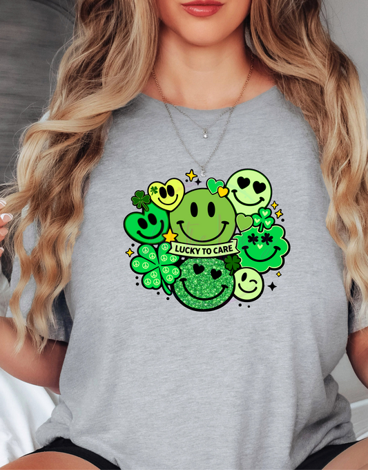 Lucky to Care Smiley-St Patrick's Day T Shirt