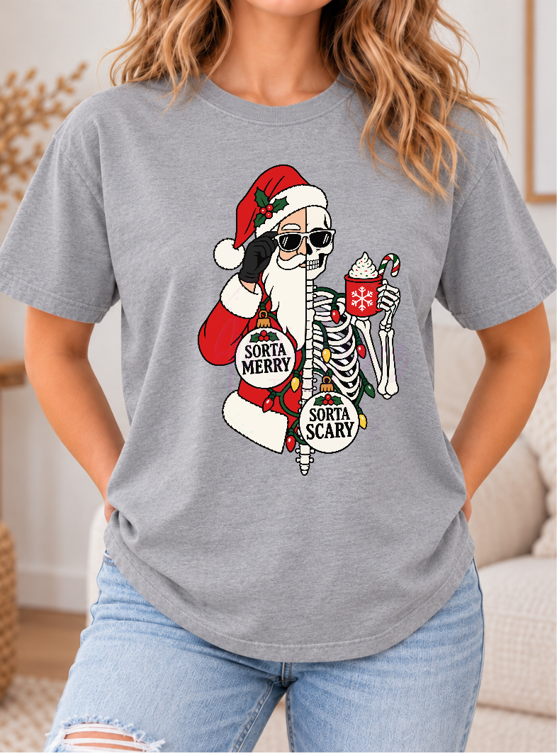 Sorta Merry Sorta Scary gray Christmas graphic T-shirt featuring festive skeletons in Santa hats
